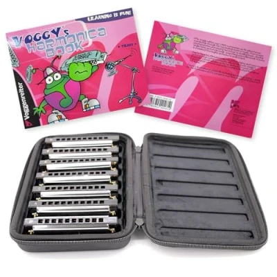 Afbeelding van Tuyama® mondharmonica set 7 in koffer diatonisch verschillende soorten C D E F G A Bb Dur/Major Blues Harps + cursus &#039;Voggy&#039;s Harmonica Book&#039; (in het Engels)