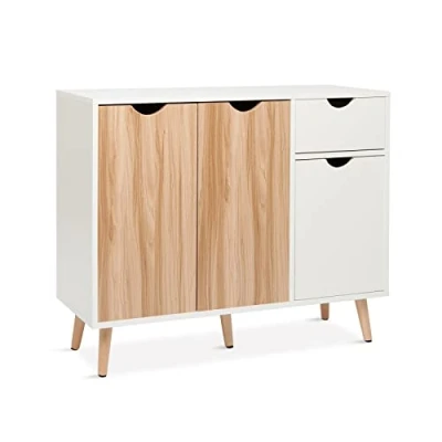 Afbeelding van Mondeer Commode, dressoir hout met 1 lade en 3 deuren voor woonkamer slaapkamer hal, wit natuur 90 x 30 73 cm