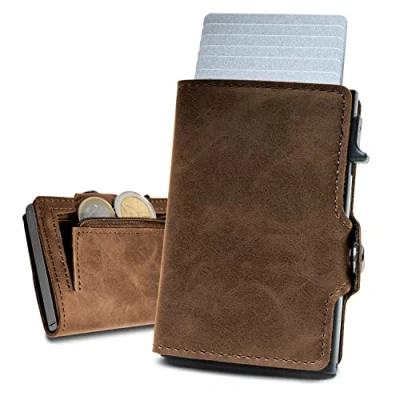 Afbeelding van slimfin® Slim Wallet met muntzakje kaarthouder RFID bescherming pop up portemonnee mini voor mannen en vrouwen slanke lichtgewicht donkerbruin