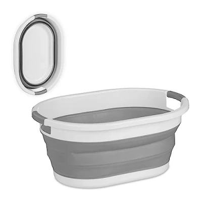 Afbeelding van Relaxdays opvouwbare wasmand, 22 liter, draagbare wasgoedmand, kunststof, ruimtebesparend inklapbaar, camping, grijs/wit