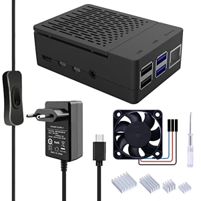 Afbeelding van GeeekPi Raspberry Pi 4 behuizing met PWM ventilator, 18W 5V 3.6A USB C aan/uit schakelaar voeding, koellichaam voor Model B 1GB/2GB/4GB/8GB