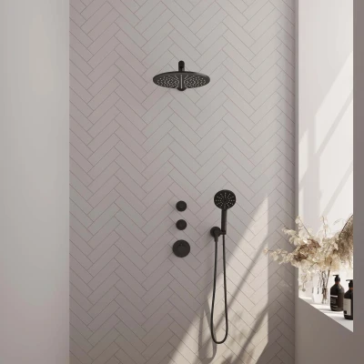 Afbeelding van BRAUER Black Edition thermostatische inbouw regendouche SET 08 met 30 cm douchekop en rechte muurarm 3 standen handdouche doucheslang