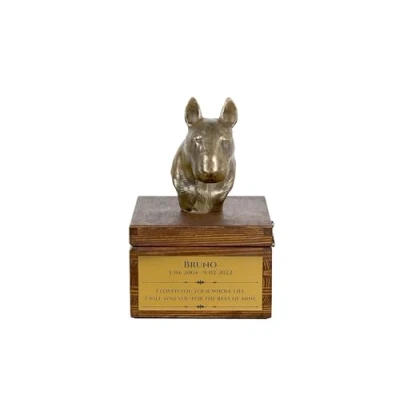 Afbeelding van Art Dog handgemaakte aangepaste hondenherdenkingsurn koudgegoten bronzen hondenkop op berkenbasis langdurige hondencrematiedoos 16x28x16cm Bullterriër I
