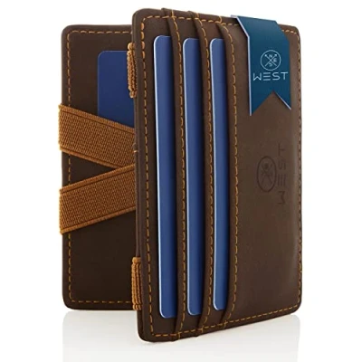 Afbeelding van West Magische Portemonnee met Muntenvak + Geschenkverpakking RFID voor Mannen Compact &amp; Klein Extra Sterke Geld Banden (Bruin Oranje)