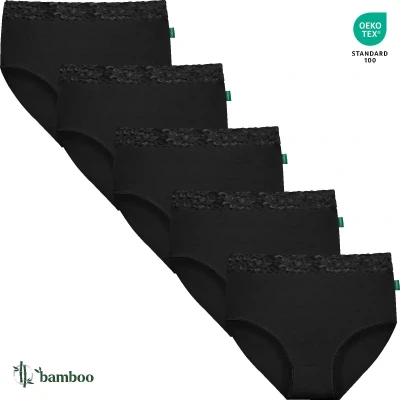 Afbeelding van Dames Kanten Maxi Slip Zwart 5 Pack Maat S/M Bamboe Viscose Ondergoed