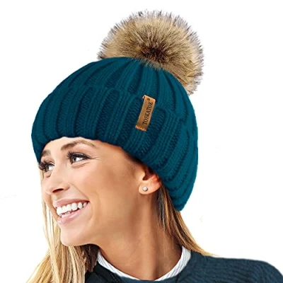Afbeelding van TOSKATOK® Womens Winter Rib Gebreide Muts/Beanie met afneembare Chunky Faux Bont Bobble Pom Pom, teal, One size