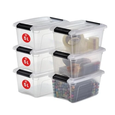 Afbeelding van Iris Ohyama, Set van 6 opbergdozen, 5L, Stapelbaar, Garage, slaapkamer, woonkamer,NTB 5, B28 x D19,5 H14,5 cm Transparant