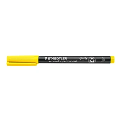 Afbeelding van STAEDTLER Permanente marker Lumocolor, geel, wigvormige punt ca. 1,0 2,5 mm, veeg en waterbestendig, Made in Germany, lange levensduur, 10 gele universele stiften kartonnen etui, 314 1