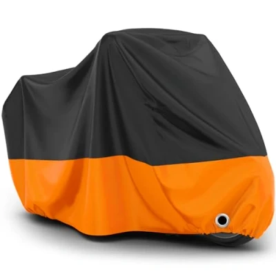 Afbeelding van Favoto Waterdichte motorhoes voor motorfiets, XL, Oxford, stofdicht, uv bescherming, met gat hangslot, winddichte gesp, 220 x 105 125 cm, zwart/oranje