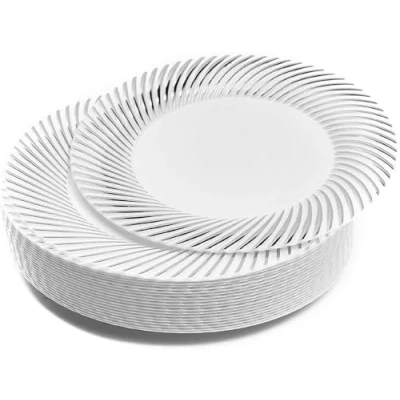 Afbeelding van MATANA 20 Kleine Witte Herbruikbare Plastic Borden met Zilveren Rand (18cm) Dessert Feestbordjes voor Bruiloften, Verjaardagen, Dopen, Kerstmis &amp; Feesten Stevig en Herbruikbaar