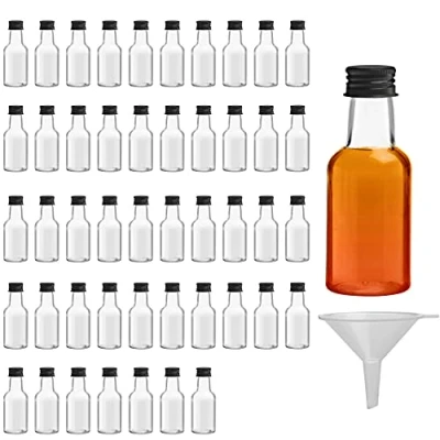 Afbeelding van Belle Vous Mini Drankflessen (48 Stuks) Herbruikbare Plastic Fles van 25 ml met Zwarte Schroefdop, Vloeibare Trechter Voor Gemakkelijk Schenken, Vullen Miniatuurflessen Bruiloften en Feesten