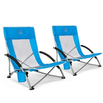 Afbeelding van TIMBER RIDGE Strandstoel, inklapbaar, licht, campingstoel, opvouwbaar, met lage stoelpoten, ademende rugleuning van netstof, blauw, 135 kg belastbaar