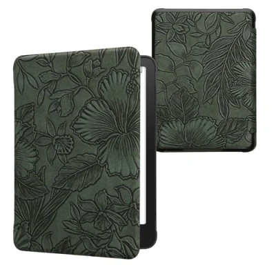 Afbeelding van kwmobile E reader hoesje geschikt voor Amazon Kindle Paperwhite (2024)/Colorsoft hoes flip case met magnetische sluiting Ereader cover Bloemen in reliëf design groen