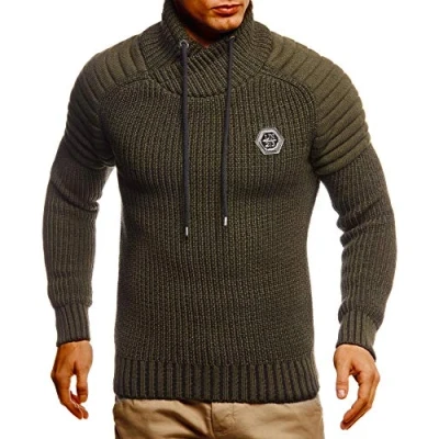 Afbeelding van Leif Nelson Gebreide trui voor heren met sjaalkraag, hoogwaardige wintertrui in regular fit, ideaal casual en zakelijke looks, verkrijgbaar verschillende maten kleuren, kaki zwart, XXL