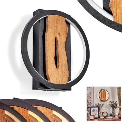 Afbeelding van LED wandlamp Cornol, dimbare van metaal/hout in zwart/natuur, lamp modern design met ronde kap (Ø 22 cm), dimbaar via lichtschakelaar, 3000 kelvin, 1700 lumen, 12 watt