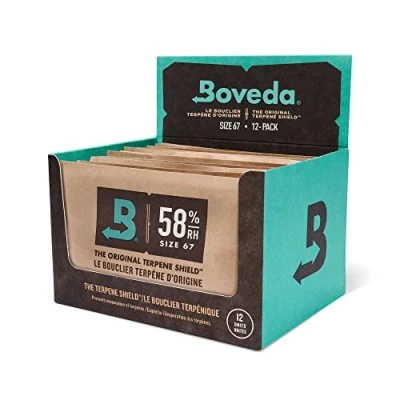 Afbeelding van Boveda voor het bewaren van kruiden 58% RV 2 way vochtregeling Maat 67 beschermt tot 450 gram Voorkom terpeenverlies door drogen en schimmel Kleinhandeldoos met 12 stuks