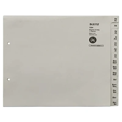 Afbeelding van Leitz Registratie, tabbladen met en alfabetische opdruk A Z voor 24 mappen, halve hoogte overbreedte, grijs, 100% gerecycled papier, blauwe engel zegel, 13240085