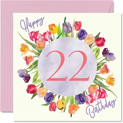 Afbeelding van mooie 22e verjaardagskaarten voor vrouwen aquarel tulpen bloemen boeket gelukkige verjaardagskaart haar dochter tante zus vriend verjaardagscadeau, 145 mm x wenskaarten cadeau