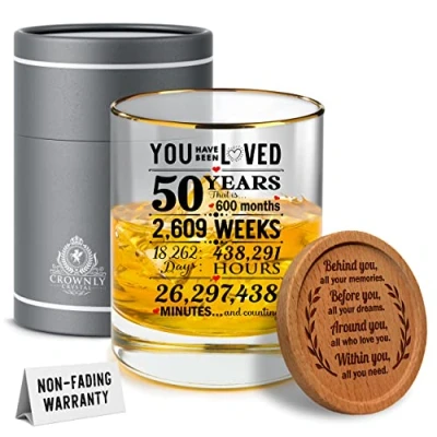 Afbeelding van Kies CROWNLY Crystal® 50e verjaardagscadeaus voor mannen, gepersonaliseerd whiskyglas, 50 jaar oude cadeaus verjaardag glas, kristal, verjaardagsideeën,