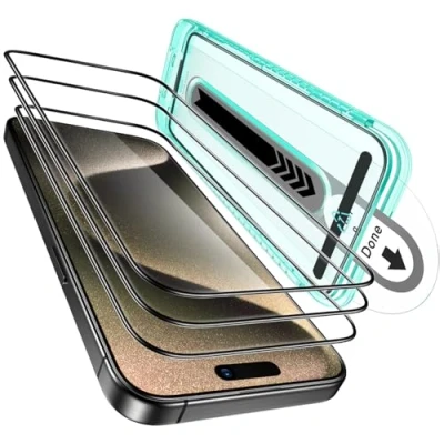 Afbeelding van ESR voor iPhone 15 Pro pantserglas, displaybeschermfolieset, extreem robuust gehard glas, frame eenvoudige bevestiging, 3 stuks met 1 set individuele camerabescherming