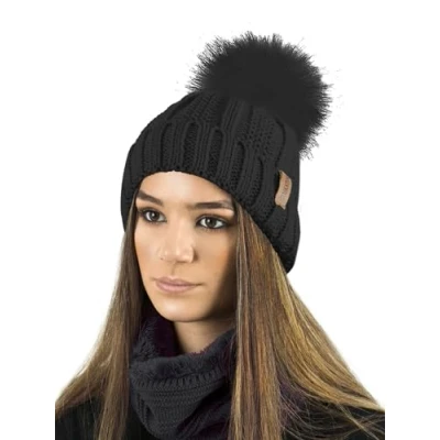 Afbeelding van TOSKATOK Beanie voor dames, met rib en parelpatroon, warme gezellige fleece voering groot imitatiebont pompons, ZWART HUD, One size