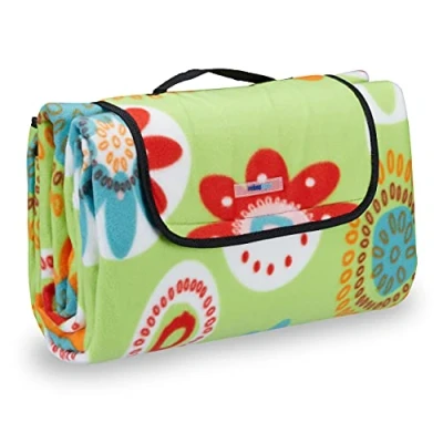 Afbeelding van Relaxdays picknickkleed met bloemen design, XXL, 200 x cm, warmte isolerend, opvouwbaar, handvat, lichtgroen