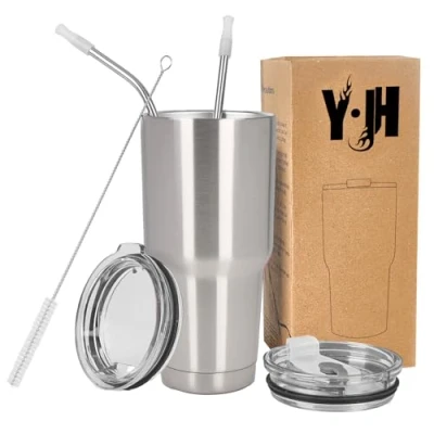 Afbeelding van Y·J&amp;H 30oz (850ml) Travel Tumbler Dubbelwandige vacuüm geïsoleerde koffiemok roestvrij stalen koffiekop met 2 spatwaterdicht deksel, rietjes en gratis reinigingsborstel, BPA vrij Zilver