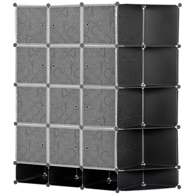 Afbeelding van HOMCOM DIY Kleiderschrank Regalsystem mit 16 Fächern und 2 Stangen Würfelregal, Aufbewahrungsregal für Kleidung, Schuhe, Schwarz 145 x 46 162 cm