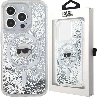 Afbeelding van Karl Lagerfeld Liquid Glitter Head MagSafe hoesje voor iPhone 15 Pro Max transparant