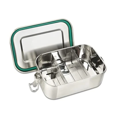 Afbeelding van Broodtrommel van roestvrij staal selecteerbaar 800, 1200, 1400 of 2200 ml lunchbox met vakken incl. 2 scheidingswanden, metalen doos kliksluiting, afmetingen: 800
