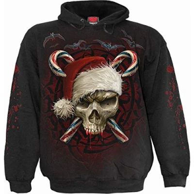 Afbeelding van Spiral Candy Cane Santa Trui met capuchon zwart L 100% katoen Kerstmis, Rock wear, Schedels