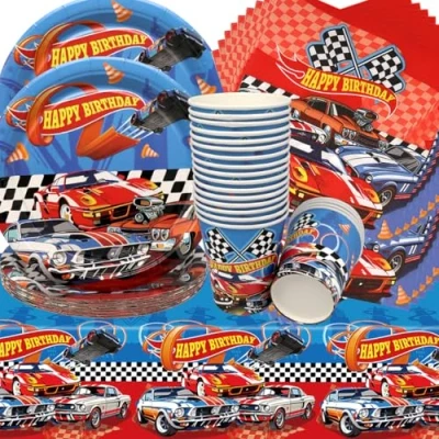 Afbeelding van Doyomtoy servies voor racefeesten, 61 stuks, raceauto, verjaardagsdecoratie, autoborden, kopjes, servetten kinderen, themafeesten auto