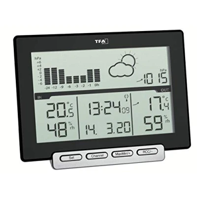 Afbeelding van TFA Dostmann draadloze weerstation METEO SENS, 35.1139.01, weersvoorspelling, bewaking van het binnenklimaat, buitentemperatuur via zender, radiografische klok, zwart, (L) 157 x (B) 43 (H) 117mm