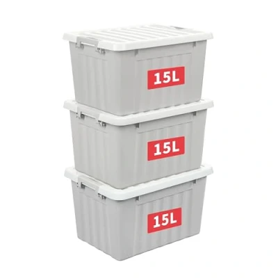 Afbeelding van Cetomo 15L x 3 opbergdozen met deksels, plastic opbergbakken vergrendelende gespen, kliksluiting, stapelbaar, nesten, organizer voor thuiskantoorkleding, grijs, Pack