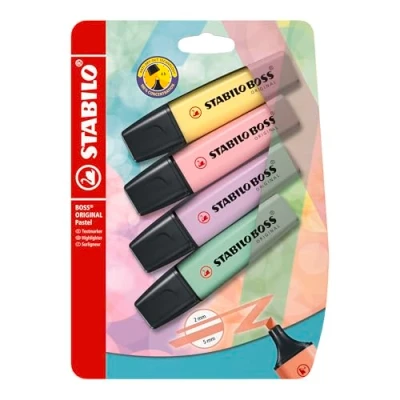 Afbeelding van Tekstmarkeerstift STABILO BOSS ORIGINAL Pastel 4 kleuren melkachtig geel, poeder roze, lila blush, vleugje mint