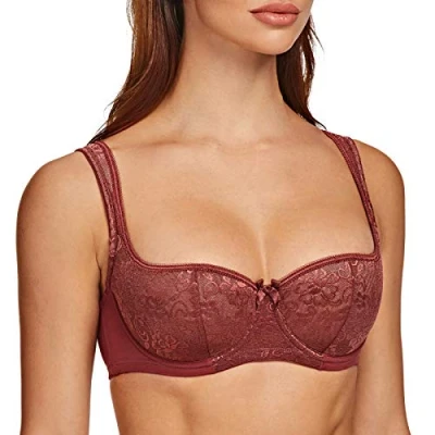 Afbeelding van MELENECA Dames gewatteerde band half cup beugel sexy kanten balconette bh rood 100G