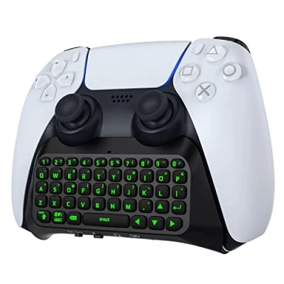 Afbeelding van MoKo Groen toetsenbord met achtergrondverlichting voor PS5 controller, draadloos minitoetsenbord, chatpad Playstation 5 toetsenbord, ingebouwde luidspreker 3,5 mm audio aansluiting berichten en livechat in games, zwart