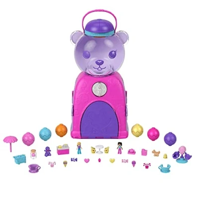 Afbeelding van Polly Pocket Reisspeelgoed, Kauwgomballenbeer Speelset, 2 micropoppen en meer dan 30 accessoires, werkende kauwgomballenautomaat met niet eetbare kauwgomballen, HJN90