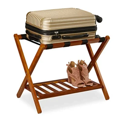 Afbeelding van Relaxdays inklapbaar kofferrek, houten bagage standaard HxBxD: 54,5 x 66 44,5 cm, met plankje, bagagerek hotel, natuur