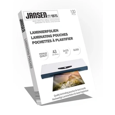 Afbeelding van Jansen Lamineerfolie, 100 stuks, A3, 2 x 125 micron (250 micron), hoogglans, de verpakking kan variëren