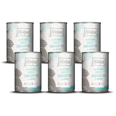 Afbeelding van MjAMjAM Premium natvoer voor katten DUO van malse eend &amp; zoetwatervis met wortelen, pak 6 (6 x 400g), graanvrij extra vlees