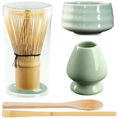 Afbeelding van 5 stuks matcha theeset, set met bezem, schaal van keramiek, bamboe bezem bezemhouder handgemaakte kom, accessoires, cadeauset