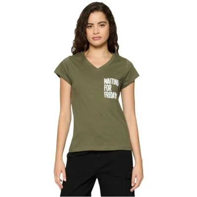 Afbeelding van Mister Tee Waiting FOR Friday BOX Tshirt print, Dames, Maat: XS, Olive