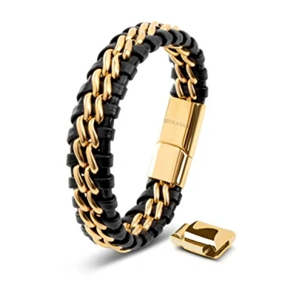Afbeelding van SERASAR Lederen Armband Heren [Steel] Goud 17cm met Sieradengeschenkdoos