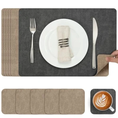 Afbeelding van Myir JUN Lederen Placemat en Onderzetters, Tafelmatten Waterdichte Afveegbare Dubbelzijdige Plaats Matten Koffiematten Antislip Wasbare Placemats Coaster (Grijs Beige, Sets 6)