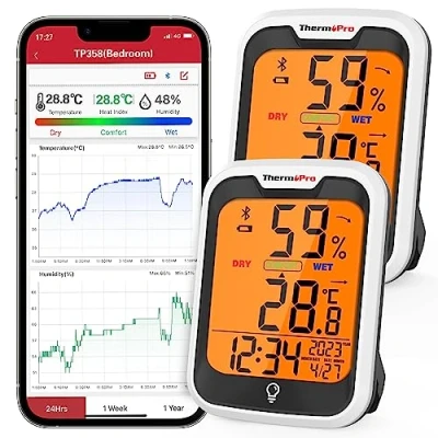 Afbeelding van ThermoPro TP358 2 Bluetooth hygrometer binnenthermometer voor binnenruimtes Set van tijd/datum 0,5℃ Nauwkeurige nachtlamp vochtigheidsmeter met opname slaapkamer
