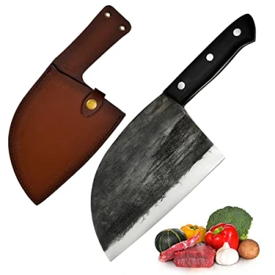 Afbeelding van Promithi Handgemaakt Japans koksmes,serbisch,slagermes,uitbeenmes, Santoku mes,vleesmes,schilmes,universeel mes,keukenmes,hakmes voor hakbijl,hakmes,met lederen schede,hakmes mes