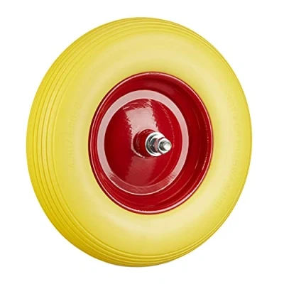 Afbeelding van Relaxdays kruiwagenwiel rubber, 4.80 4.00 8, met as, stalen velg, tot 100 kg, antilek band, reservewiel, geel rood