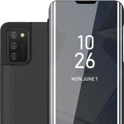 Afbeelding van Cadorabo Hoesje geschikt voor Samsung Galaxy A02s in TOERMALIJN ZWART Clear View Spiegel Beschermende Case met Tribunefunctie 360 Graden Bescherming Book Cover Etui