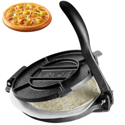 Afbeelding van VEVOR Tortillapers, 25,5 cm tortilla en roti maker, gietijzeren zware tortilladorapers, voorgekruide pataconera maker met 100 stuks perkamentpapier, deegmaker voor bloemtortilla, tawa, zilver